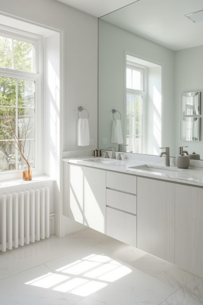 23 Bathroom Lighting Tips to Make Your Space Glow “Bright bathroom with mirror opposite window, natural light reflection, airy modern style”