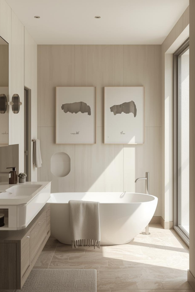 21 Bathroom Inspiration Ideas for a Dreamy Refresh Bathroom with minimal wall art, neutral aesthetic