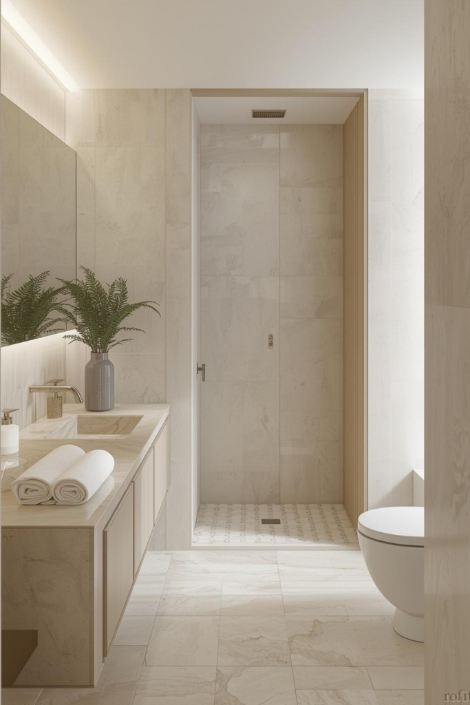 21 Bathroom Inspiration Ideas for a Dreamy Refresh Minimal clutter-free bathroom, soft neutral tones, spa aesthetic