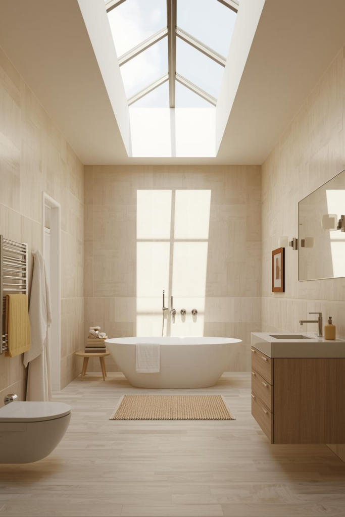 23 Bathroom Lighting Tips to Make Your Space Glow Modern bathroom with skylight, natural sunlight pouring in, minimalistic décor”