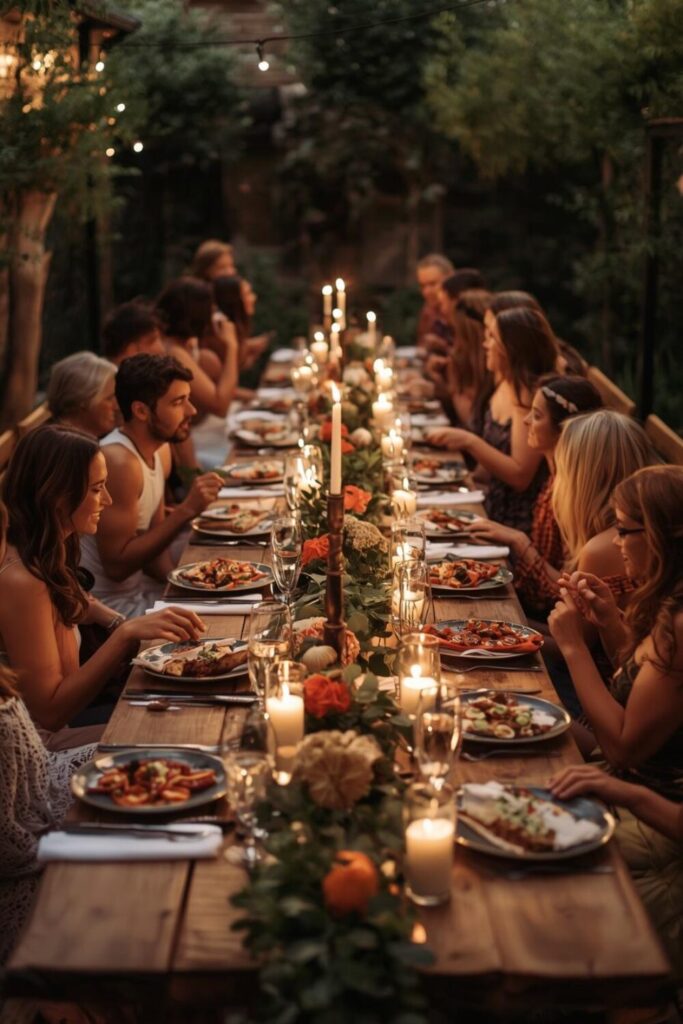  Backyard wedding dinner with shared platters, long wooden table, candlelight, cozy intimate dining setup.