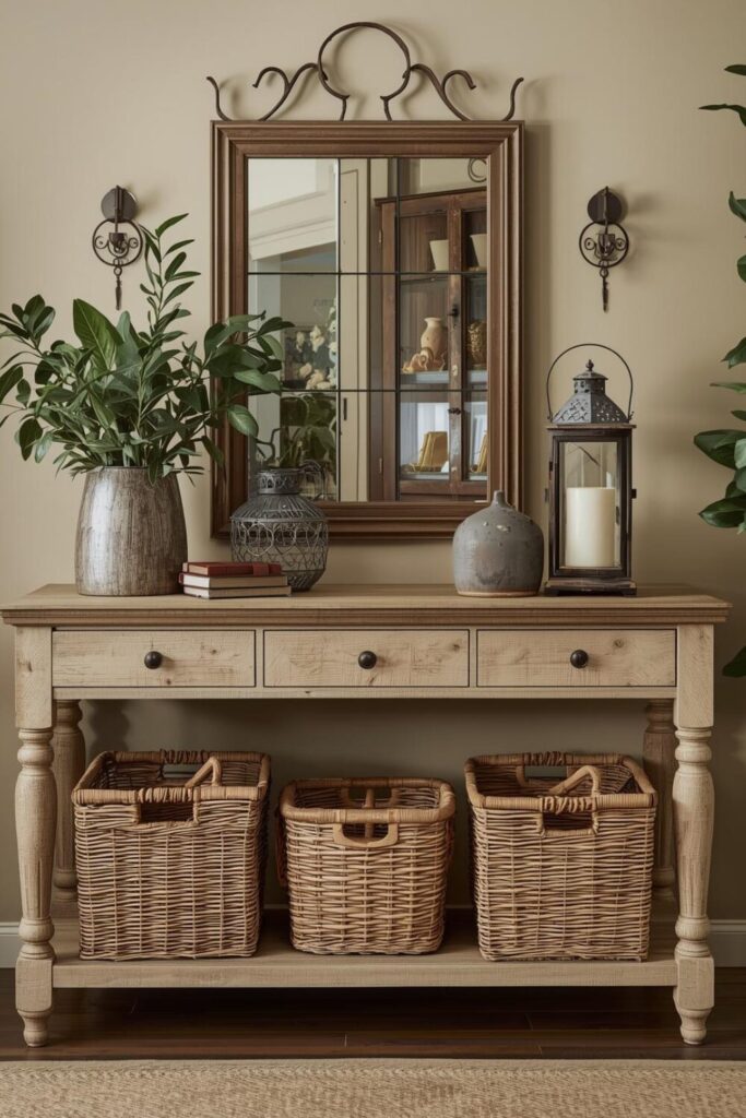 Farmhouse entryway table, distressed wood console, woven baskets, lantern decor, greenery, neutral beige tones, cozy warm lighting, rustic home decor