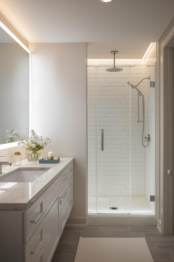 23 Bathroom Lighting Tips to Make Your Space Glow “Bathroom with layered task lighting around vanity and shower, bright functional setup