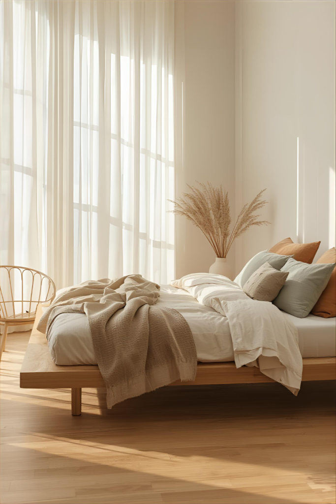Japandi bedroom with layered bedding, neutral linens, soft textures, minimal decor, warm sunlight through sheer curtains.