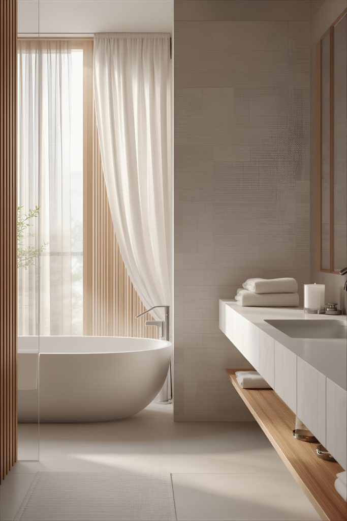 Spa-inspired Japandi bathroom, neutral stone textures, soft towels, wooden accents, natural light, calm luxury aesthetic.