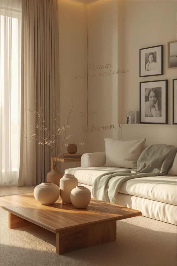 Cozy Japandi living space with personal decor details, including family photos, travel souvenirs, ceramic vases, neutral palette, warm sunlight, luxury home styling.