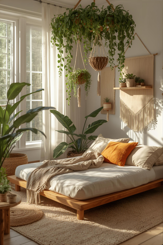  Boho bedroom with indoor plants, hanging greenery, natural sunlight, cozy decor