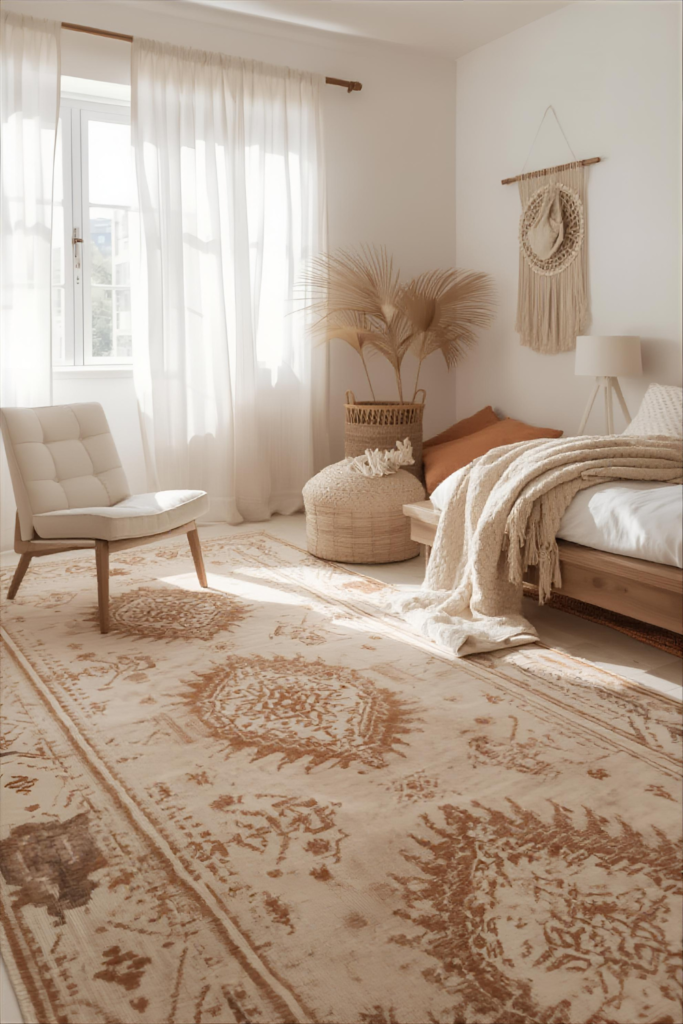 Boho bedroom with patterned rug, neutral furniture, layered textures, chic aesthetic