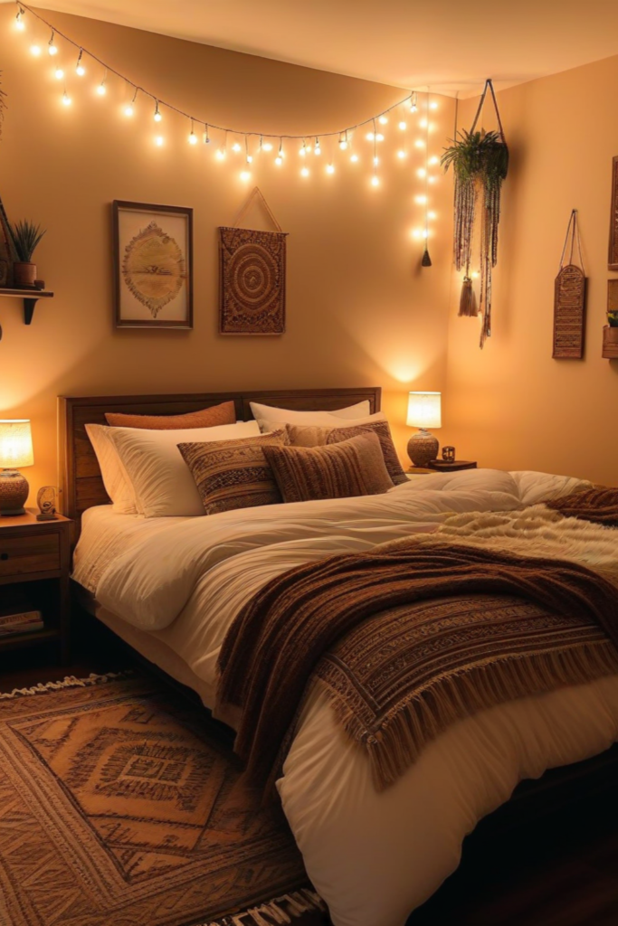 Cozy boho bedroom with warm ambient lighting, bedside lamps, soft glow