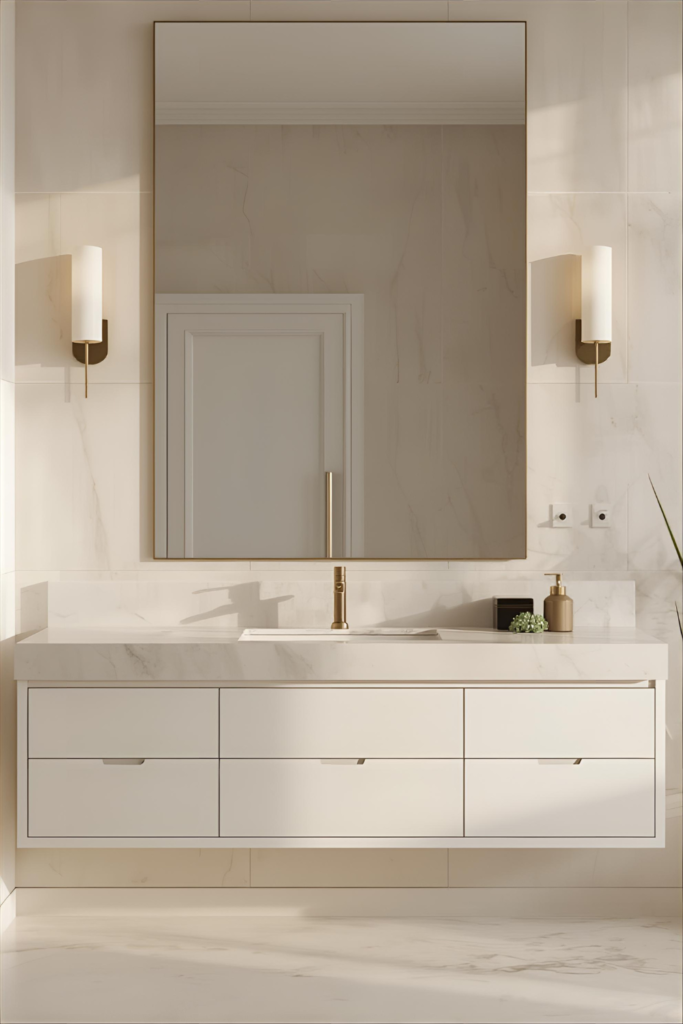 23 Bathroom Lighting Tips to Make Your Space Glow Elegant bathroom view vanity with dual wall sconces, marble countertop, bright warm light, minimalistic décor