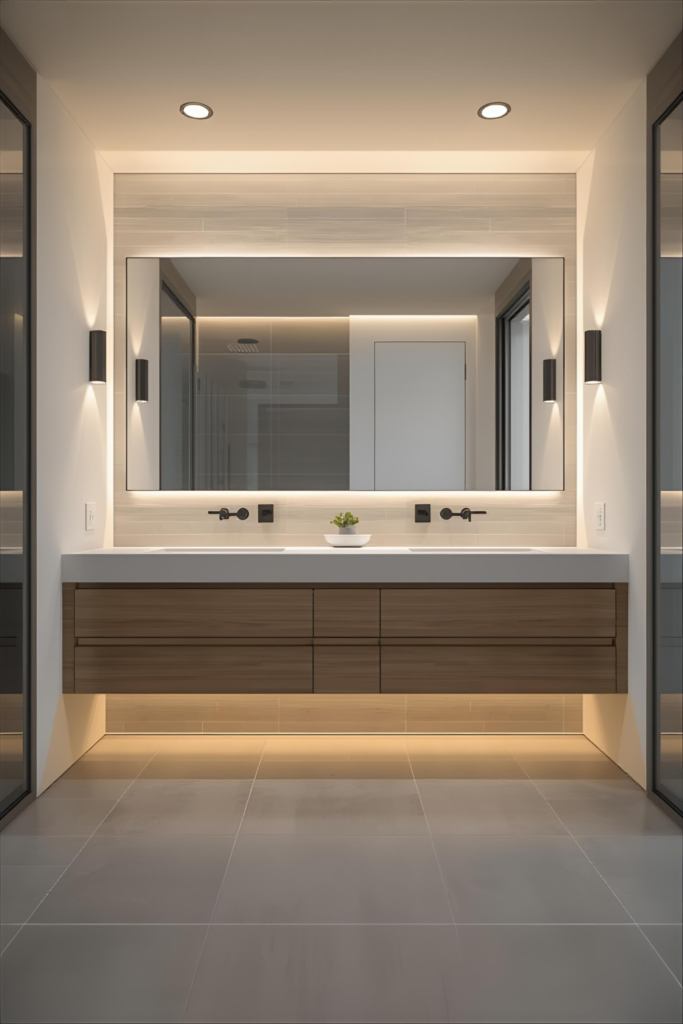 23 Bathroom Lighting Tips to Make Your Space Glow Modern bathroom view with layered lighting: ceiling lights, wall sconces by mirror, and LED accent under vanity, bright and cozy