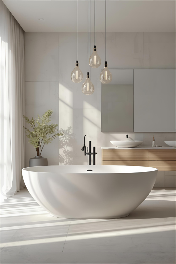 23 Bathroom Lighting Tips to Make Your Space Glow Chic bathroom with glass pendant lights over freestanding bathtub, soft ambient lighting, modern décor