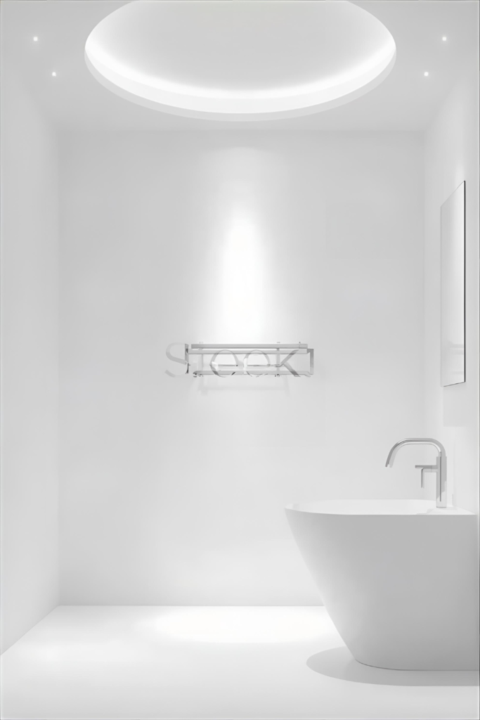23 Bathroom Lighting Tips to Make Your Space Glow Minimalist bathroom with recessed ceiling LED lights, white walls, sleek fixtures, modern aesthetic