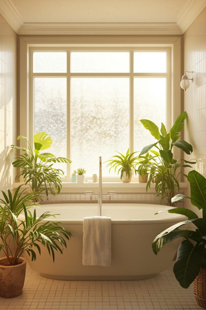23 Bathroom Lighting Tips to Make Your Space Glow “Bathroom with large frosted window, sunlight streaming in, bright airy atmosphere, plants”