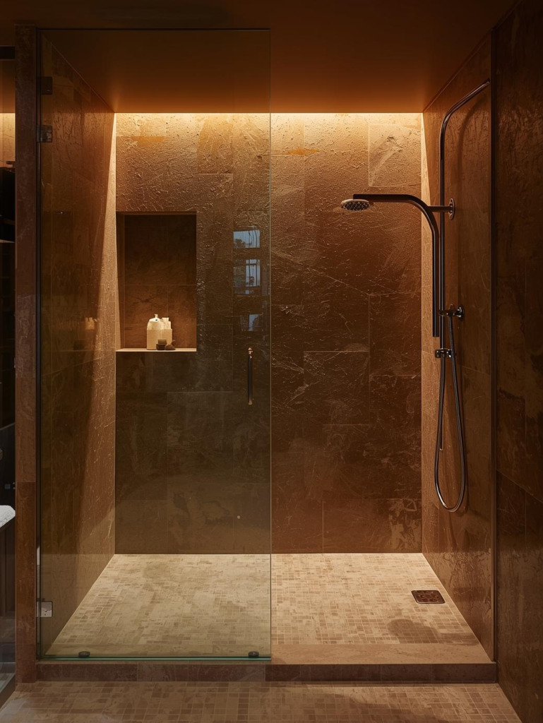 21 Bathroom Inspiration Ideas for a Dreamy Refresh Bathroom shower with textured tiles, warm lighting, modern spa design