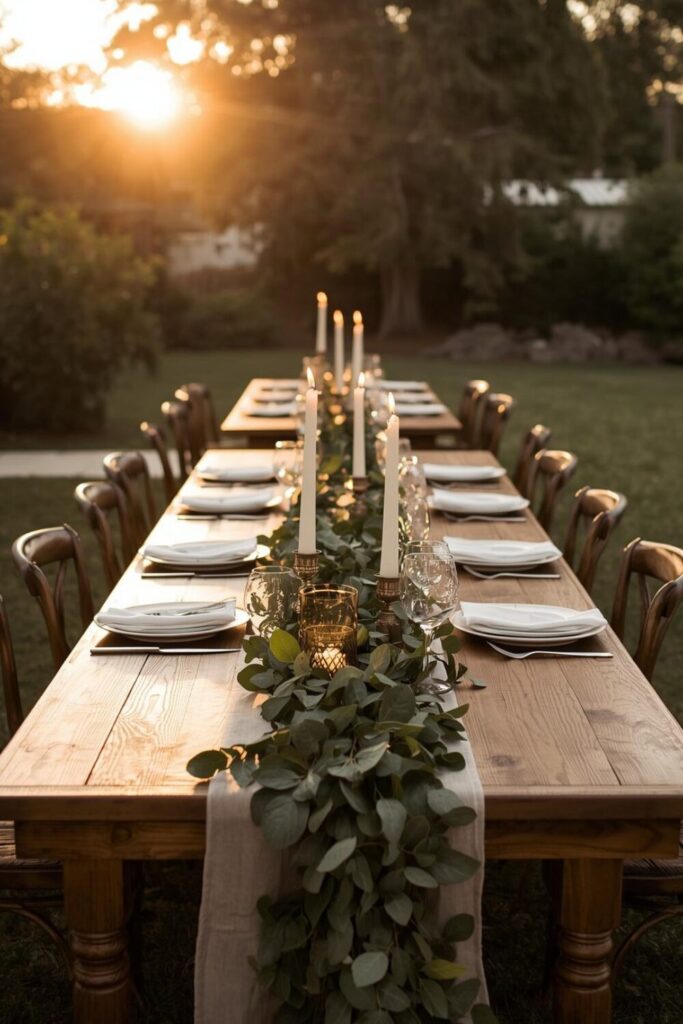  Long farmhouse wedding table in backyard, greenery runner, white plates, candlelight, warm sunset glow, romantic aesthetic.