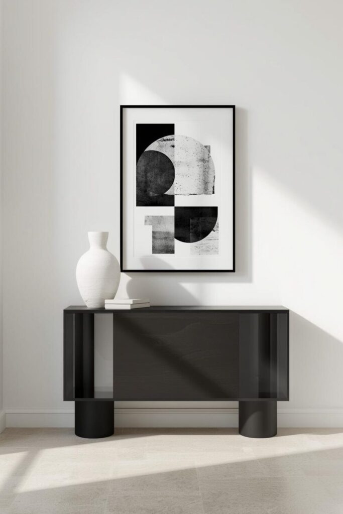 Minimalist black console table, white wall background, abstract art frame, sculptural white vase, modern styling, clean aesthetic, bright natural lighting