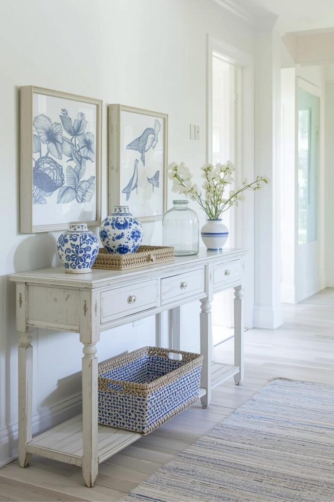 Coastal entryway table, whitewashed console, blue and white decor, woven tray, glass vase, light airy hallway, beach house aesthetic, soft natural lighting