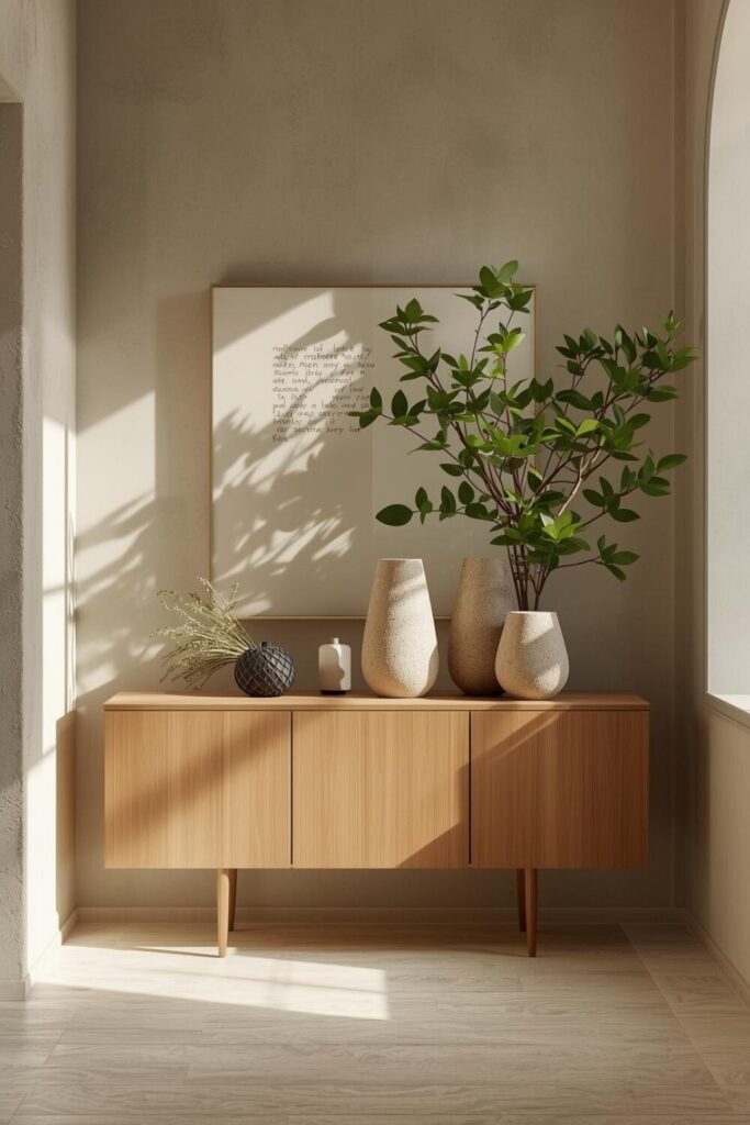 Modern organic entryway, wooden console table, stone vases, greenery, neutral earthy tones, soft sunlight, contemporary interior design