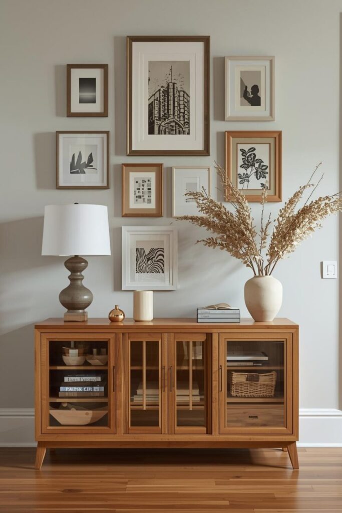 Entryway console with gallery wall, framed art collection, neutral frames, wooden console table, stylish hallway decor, Pinterest aesthetic photography