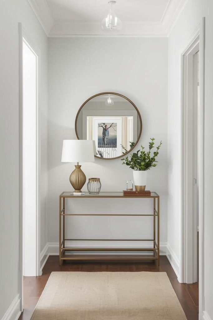 Narrow hallway entryway, slim console table, small lamp, round mirror, compact decor styling, bright and airy small space design