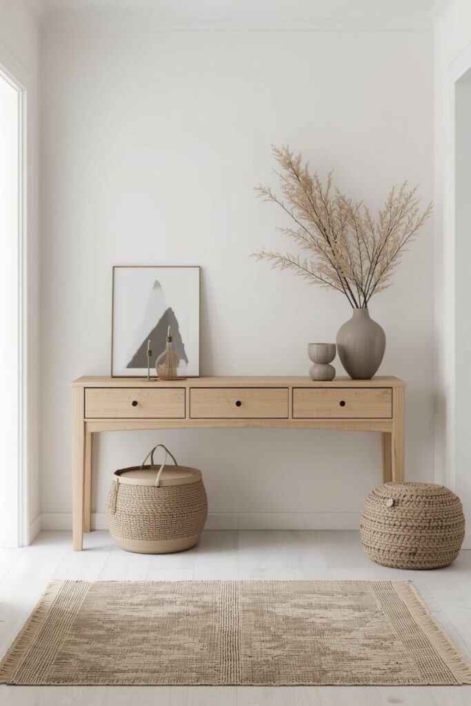 Scandinavian entryway decor, light wood console table, neutral rug, minimal styling, soft white walls, cozy Nordic aesthetic