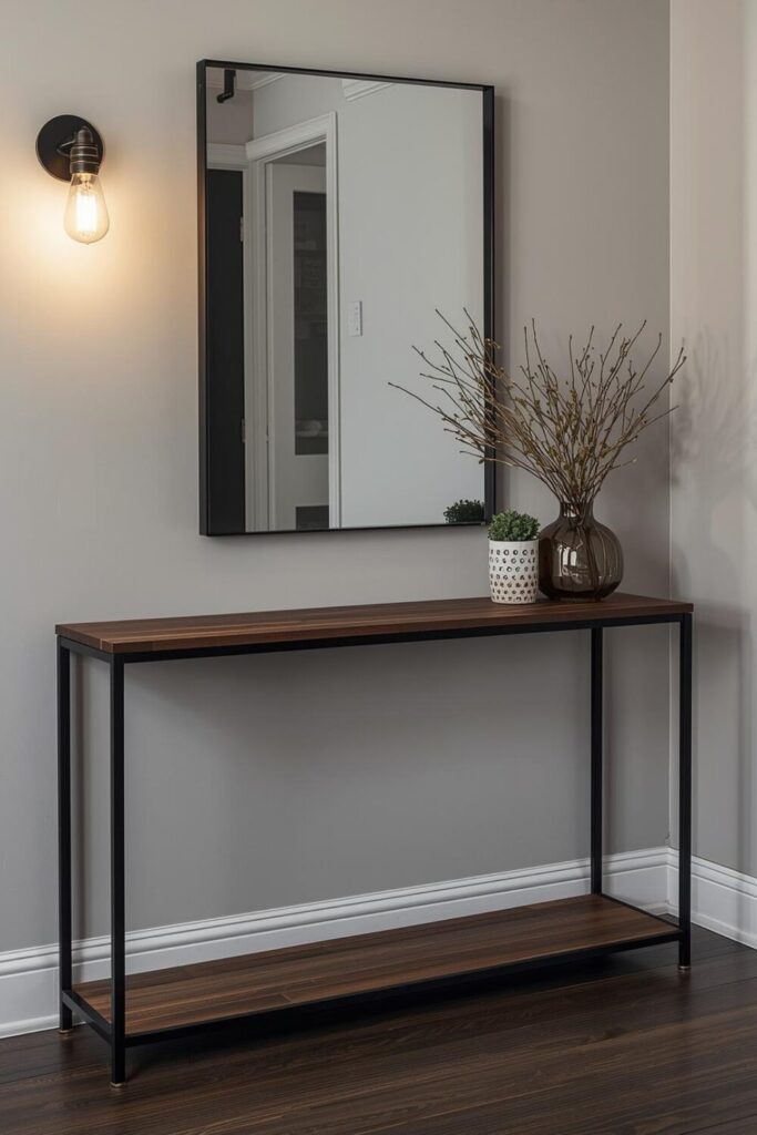  Industrial entryway table, metal and wood console, black framed mirror, edison bulb lamp, urban loft style hallway