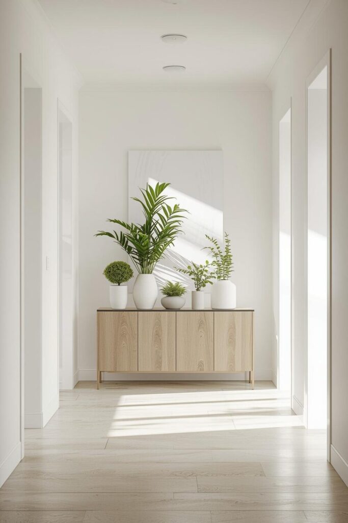 Entryway console table with multiple indoor plants, ceramic planters, natural light, fresh green decor, bright modern hallway