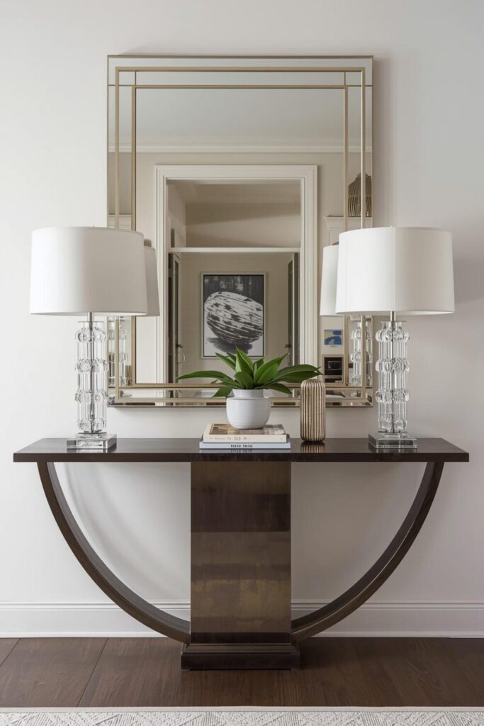 Symmetrical entryway styling, console table with two identical lamps, centered mirror, elegant neutral decor, balanced composition