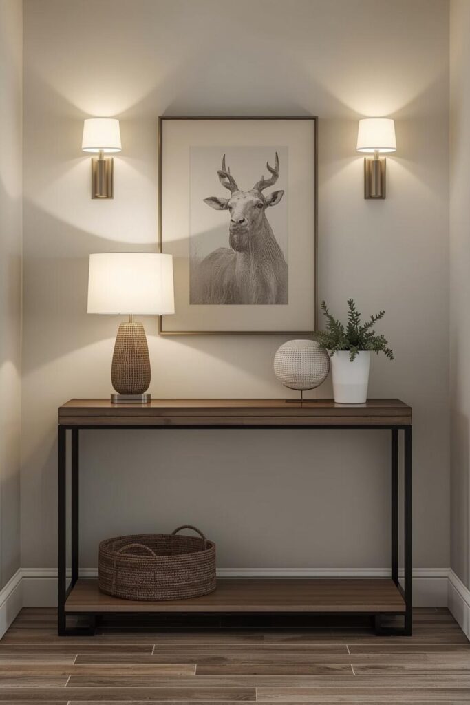 Entryway console with table lamp and wall sconces, warm lighting glow, cozy hallway decor, neutral tones, inviting ambiance
