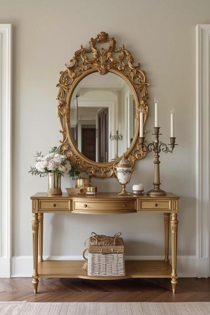  Vintage entryway console table, ornate gold mirror, brass candle holders, antique decor styling, soft neutral tones, elegant hallway photography