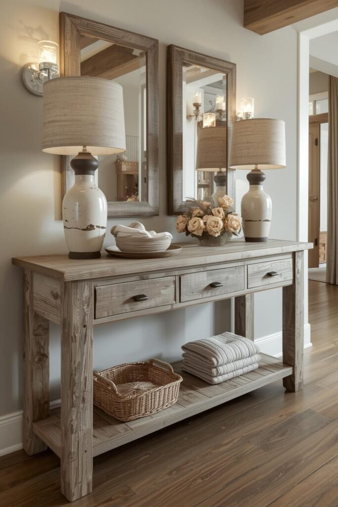 Reclaimed wood console table, rustic hallway decor, ceramic vases, linen accents, warm neutral lighting, cozy farmhouse aesthetic