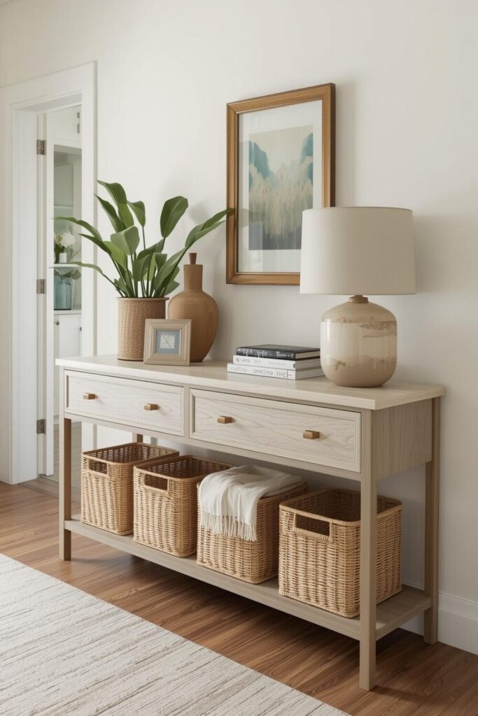  Entryway console with drawers and baskets, organized hallway decor, functional storage styling, neutral tones, modern home interior