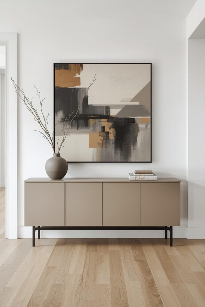 Image Prompt: Entryway console with oversized abstract art, minimal decor styling, modern hallway design, neutral background, contemporary interior photography