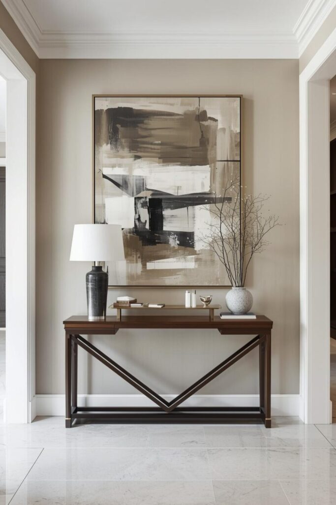 Entryway console with decorative tray, candles and books arranged neatly, marble or wooden tray, elegant hallway decor, soft lighting