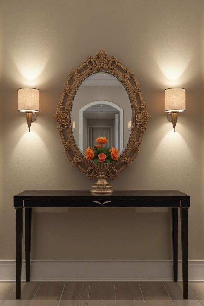 Entryway console table with mirror and wall sconces, symmetrical lighting setup, warm glow hallway, modern elegant interior design