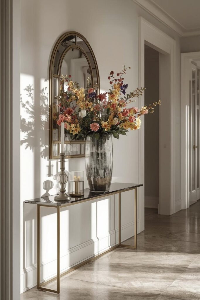 Entryway console with large vase of fresh flowers, elegant neutral decor, bright natural light, modern hallway styling, Pinterest aesth