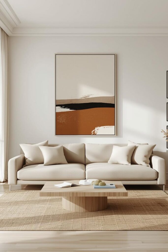 15 Elegant Living Room Wall Decor Ideas That Will Transform Your Space Modern living room with large abstract statement wall art above a neutral beige sofa, styled with minimalist decor and warm natural lighting.