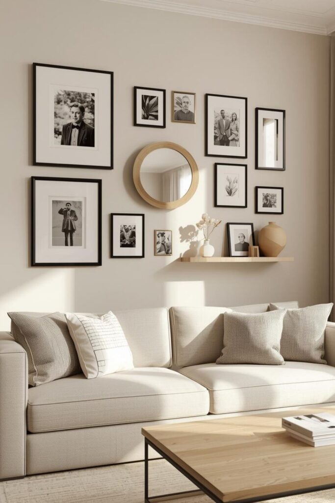 15 Elegant Living Room Wall Decor Ideas That Will Transform Your Space Modern living room with elegant gallery wall featuring framed photos, artwork, mirrors, and small shelves above a neutral sofa.