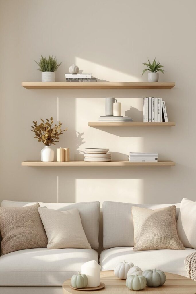 15 Elegant Living Room Wall Decor Ideas That Will Transform Your Space Minimalist floating wooden shelves styled with plants, books, and candles in a modern neutral living room.