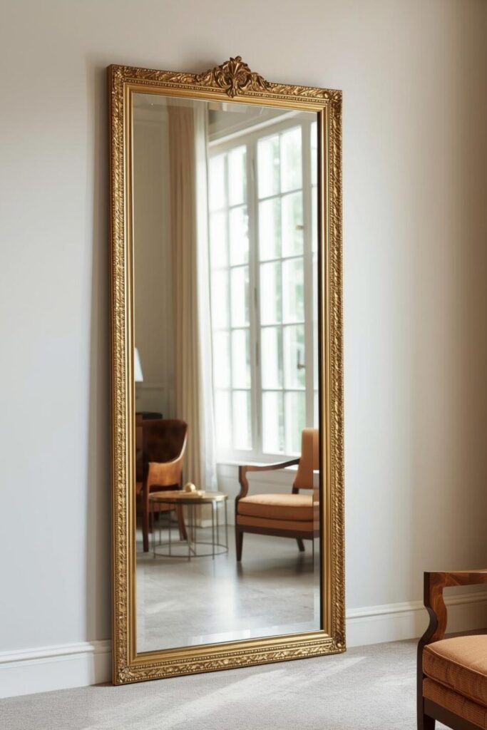 15 Elegant Living Room Wall Decor Ideas That Will Transform Your Space Modern living room with large wall mirror reflecting natural light, styled with neutral decor and elegant wooden frame.