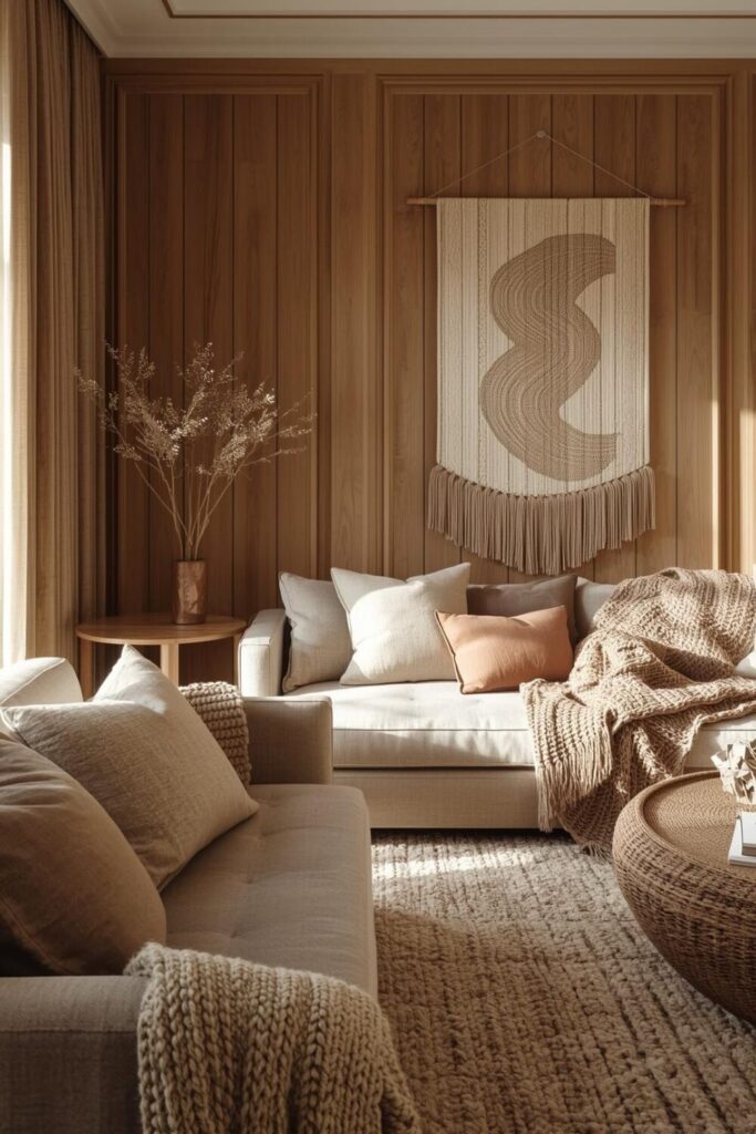 15 Elegant Living Room Wall Decor Ideas That Will Transform Your Space Modern living room with wood panel accent wall, woven wall hanging, and layered textured pillows and rugs.