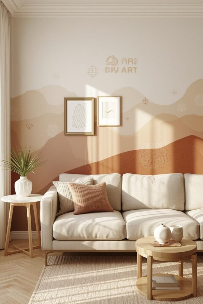 15 Elegant Living Room Wall Decor Ideas That Will Transform Your Space DIY accent wall with hand-painted mural behind neutral sofa in modern living room.