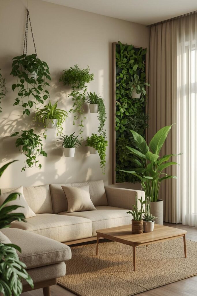 15 Elegant Living Room Wall Decor Ideas That Will Transform Your Space Living room with wall-mounted planters, hanging pots, and lush green plants against neutral walls