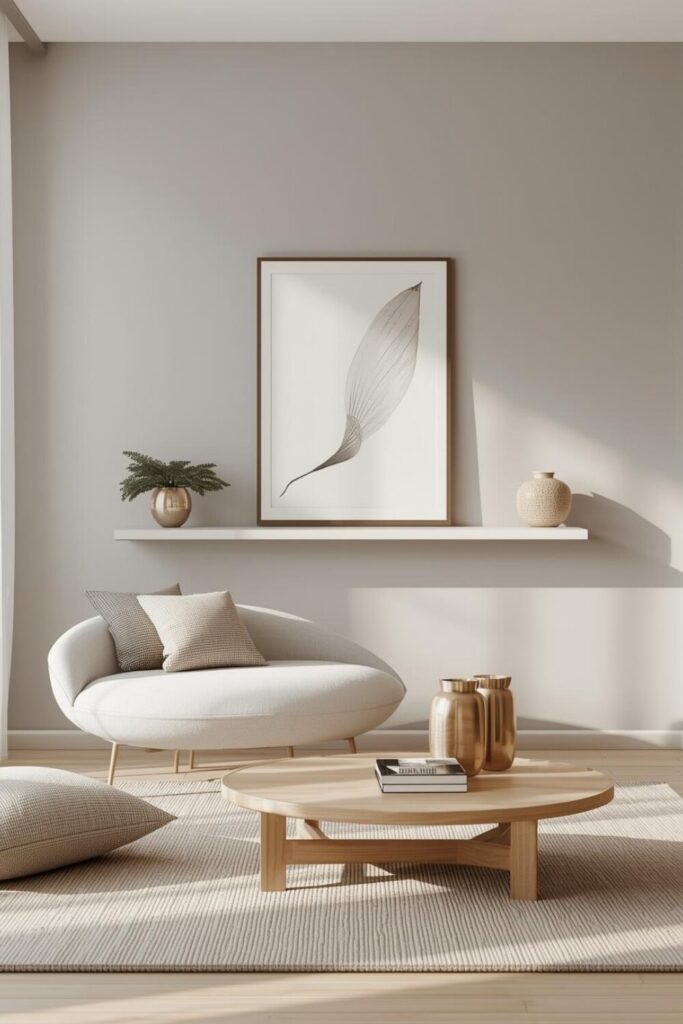 15 Elegant Living Room Wall Decor Ideas That Will Transform Your Space Minimalist living room with neutral wall, statement artwork, and floating shelf with curated decor, leaving empty space for a clean look