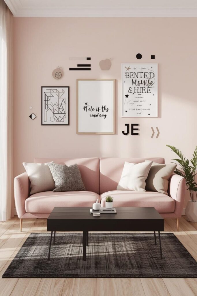 15 Elegant Living Room Wall Decor Ideas That Will Transform Your Space Neutral living room with removable wall decals featuring patterns and quotes above a simple sofa.