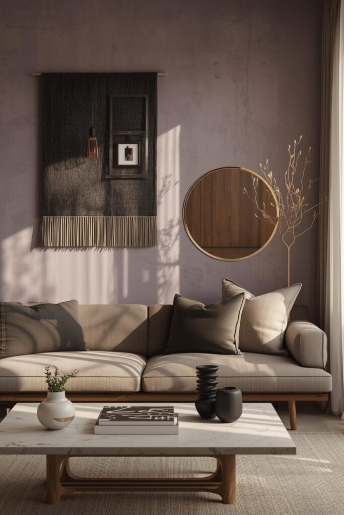 15 Elegant Living Room Wall Decor Ideas That Will Transform Your Space Living room wall with layered decor: fabric wall hanging behind small framed photo and mirror, creating depth and elegance