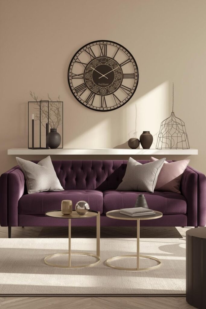 15 Elegant Living Room Wall Decor Ideas That Will Transform Your Space Living room featuring a large decorative wall clock, metal wall art, and small sculptures above a neutral sofa.