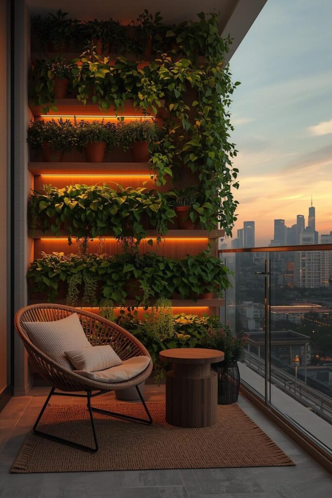 This vertical garden setup turns even the smallest balcony into a lush private retreat.