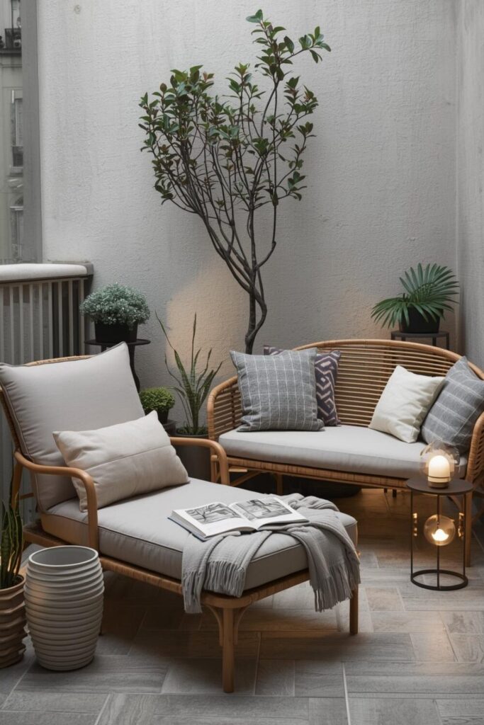 Small balcony with comfortable seating, unique shaped plant pots, and cozy minimalist decor perfect for outdoor relaxation